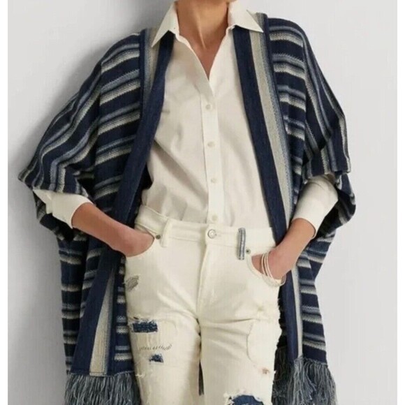 Lauren Ralph Lauren French Navy Striped Cotton Fringe Trim Pancho Cardigan OS - Picture 2 of 8